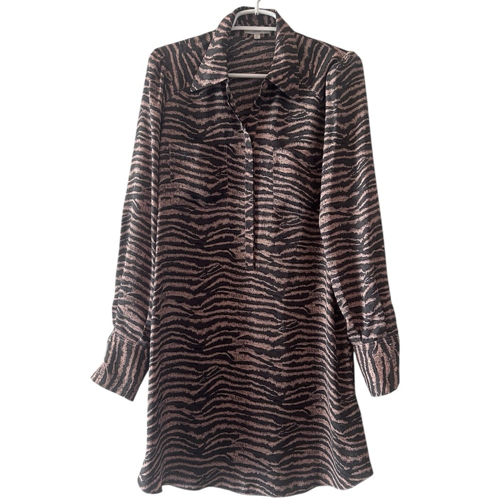 Joie Talma Zebra Printed Chiffon Button Long Sleeve Shift Dress- Size Medium
